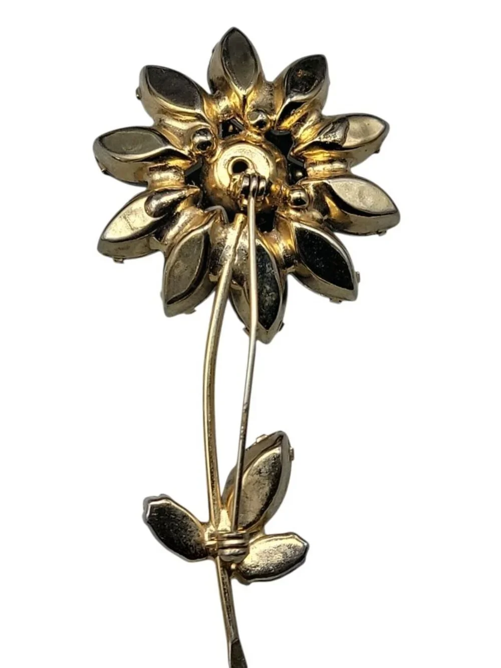 Juliana Daisey Flower Brooch Vintage D & E White Green AB Rhinestones Gold Tone